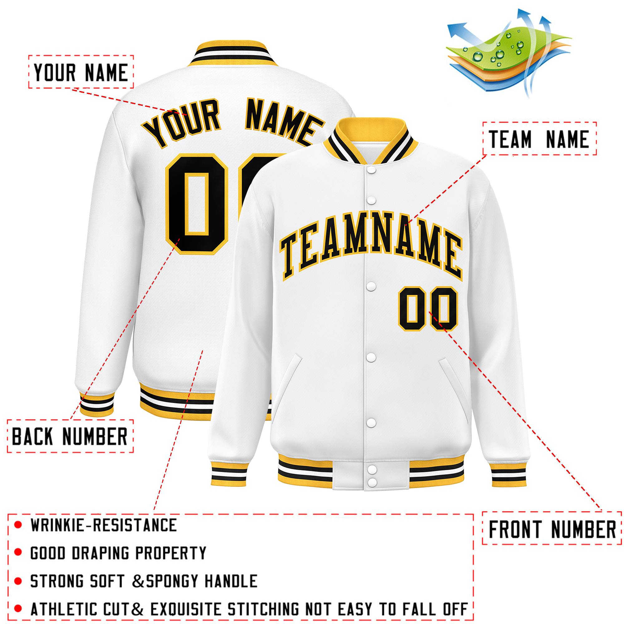 Custom White Black-Gold Letterman Two Tone Classic Style Varsity Full-Snap Jacket