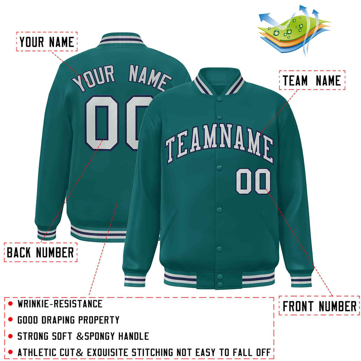 Custom Aqua Silver-Navy Blue Classic Style Varsity Full-Snap Bomber Letterman Jacket