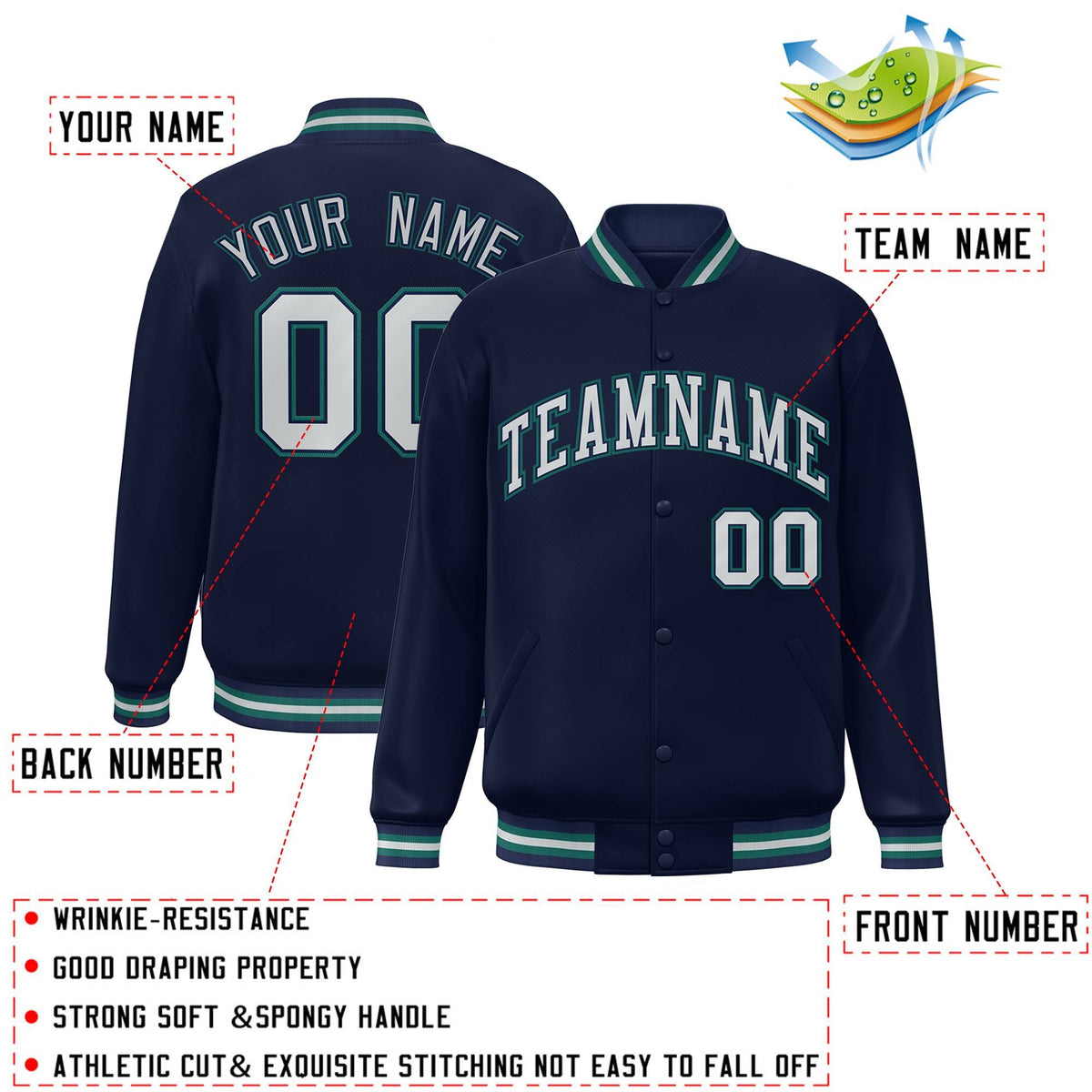 Custom Navy Blue Silver-Aqua Letterman Two Tone Classic Style Varsity Full-Snap Jacket