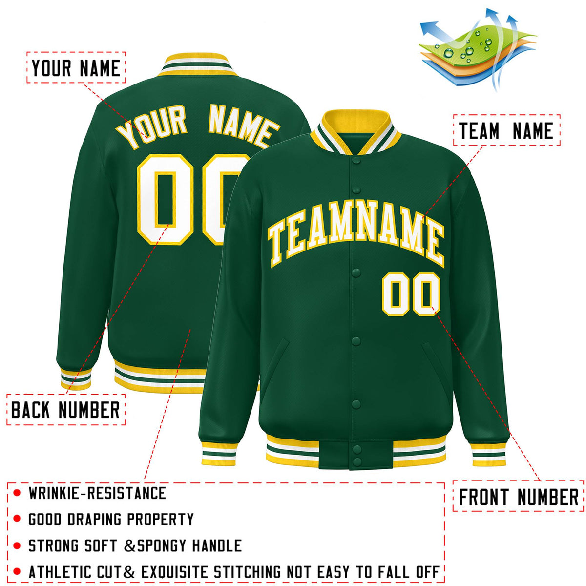 Custom Green White-Gold Letterman Two Tone Classic Style Varsity Full-Snap Jacket