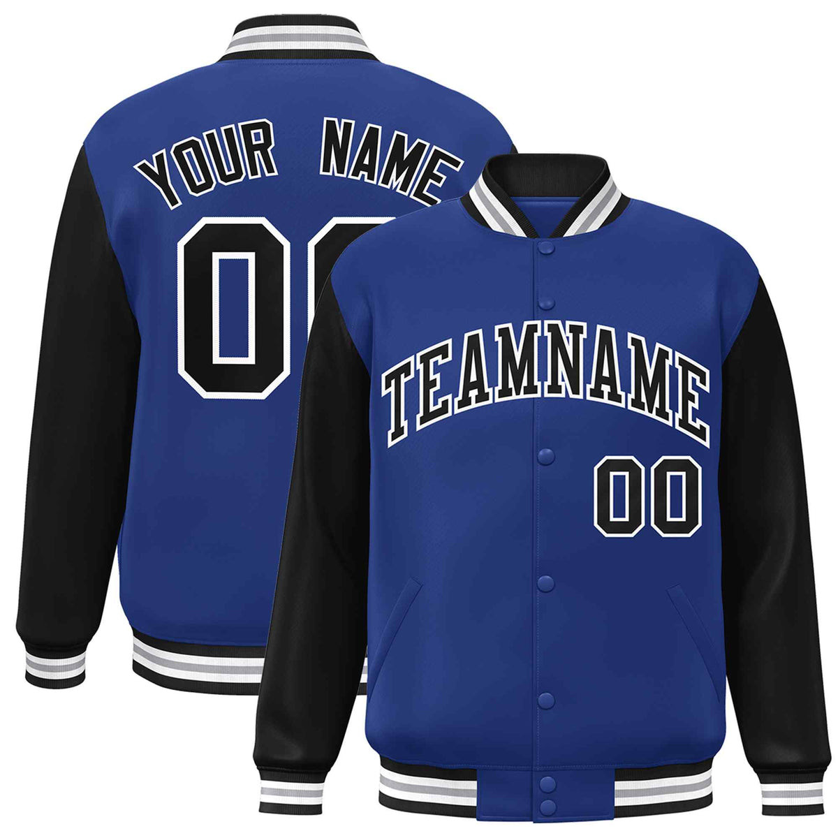 Custom Royal Black-White Raglan Sleeves Varsity Full-Snap Letterman Jacket