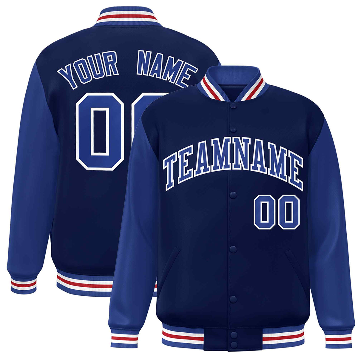 Custom Navy Royal-White Raglan Sleeves Varsity Full-Snap Letterman Jacket