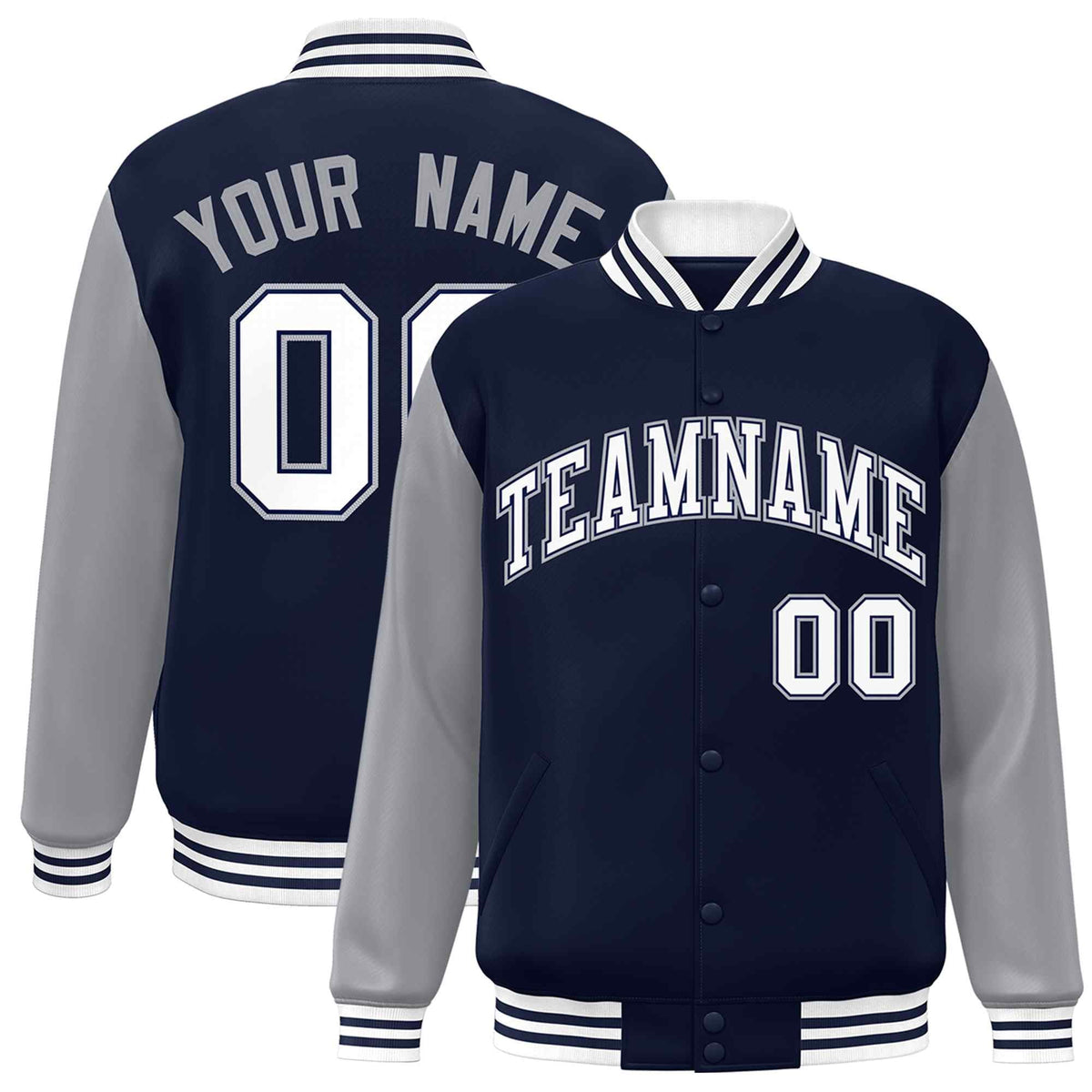 Custom Navy White-Navy Raglan Sleeves Varsity Full-Snap Letterman Jacket