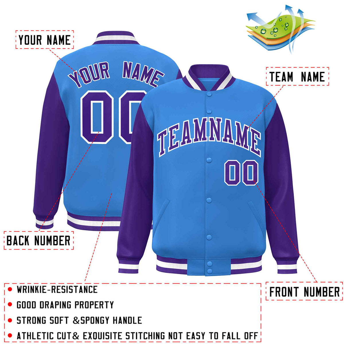 Custom Powder Blue Purple-White Raglan Sleeves Varsity Full-Snap Letterman Jacket