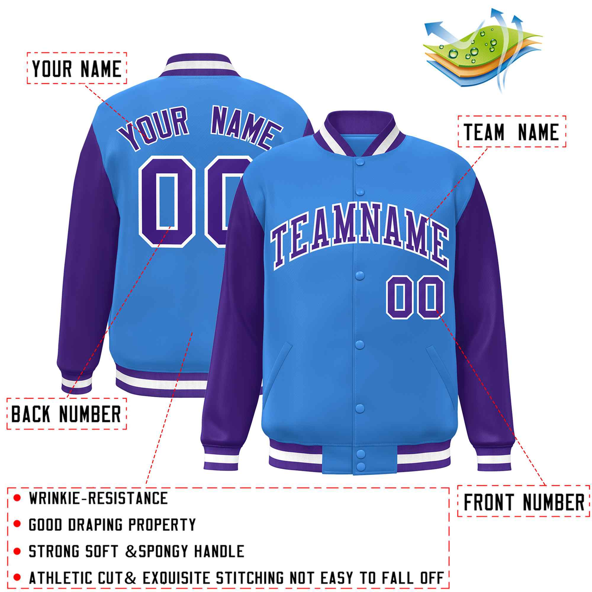 Custom Powder Blue Purple-White Raglan Sleeves Varsity Full-Snap Letterman Jacket
