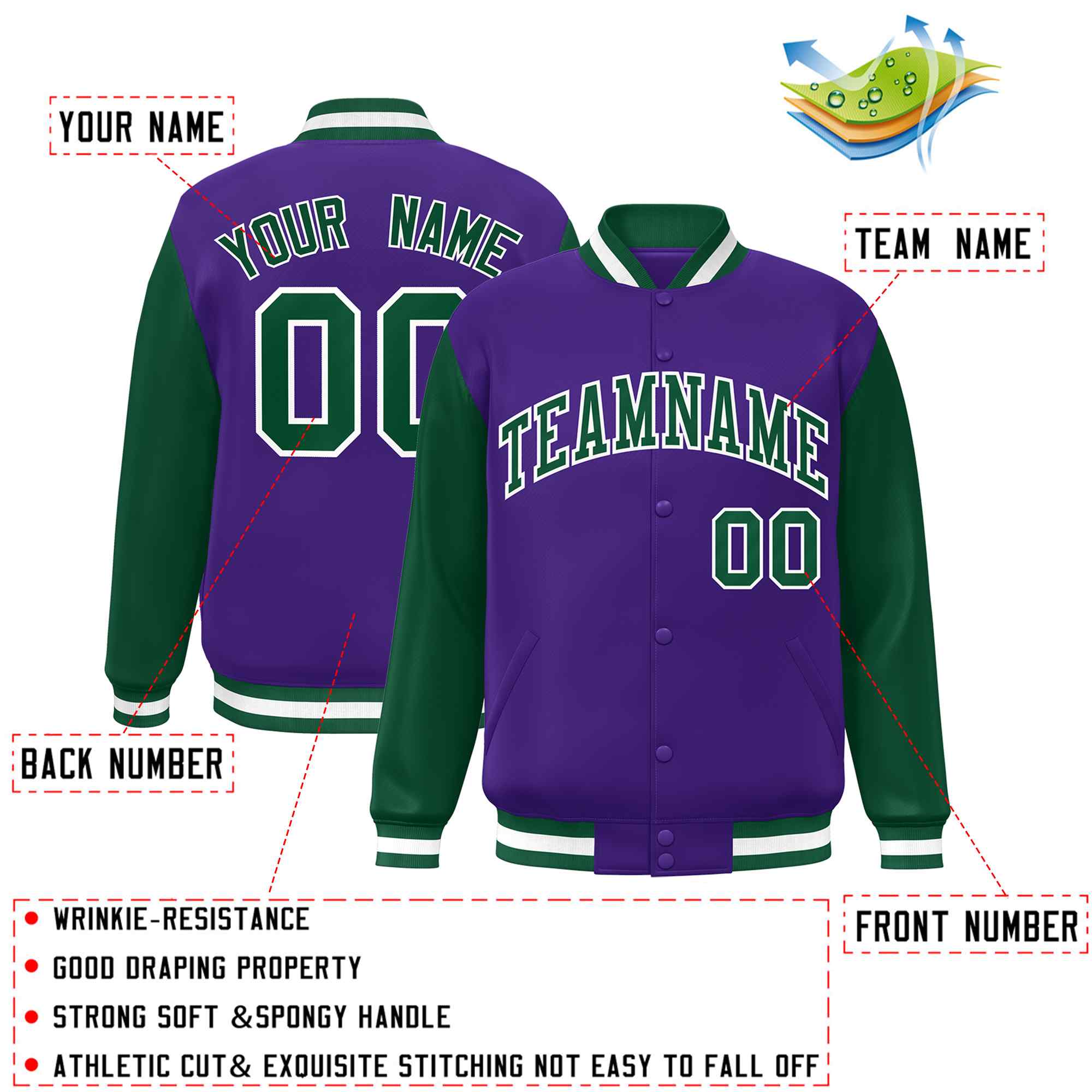 Custom Purple Green-White Raglan Sleeves Varsity Full-Snap Letterman Jacket
