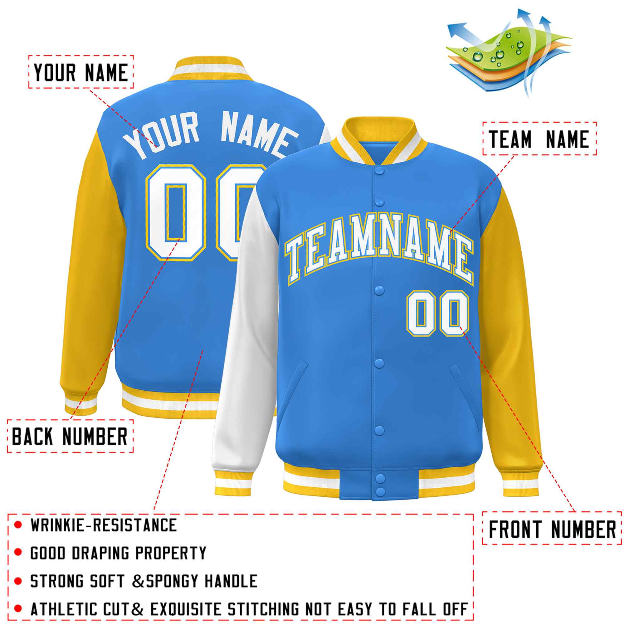Custom Powder Blue White-Powder Blue Raglan Sleeves Varsity Full-Snap Letterman Jacket
