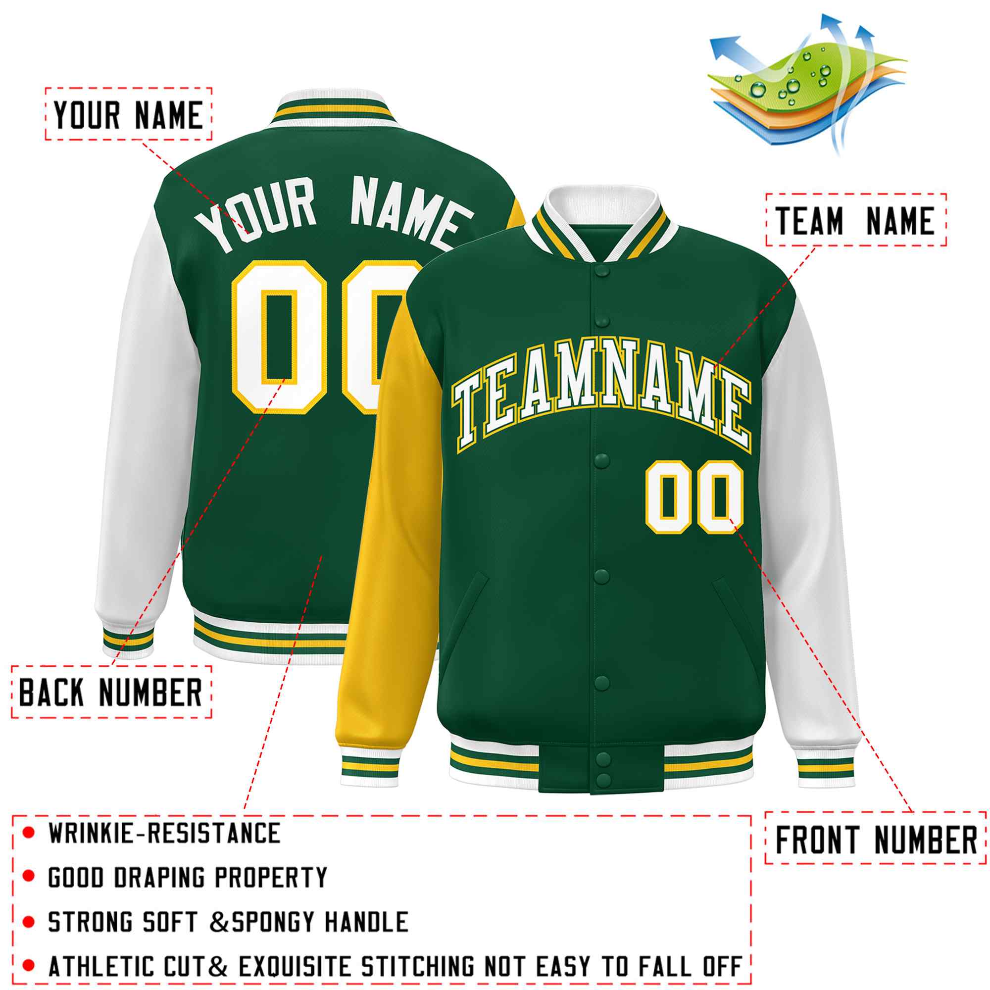 Custom Green White-Green Raglan Sleeves Varsity Full-Snap Letterman Jacket