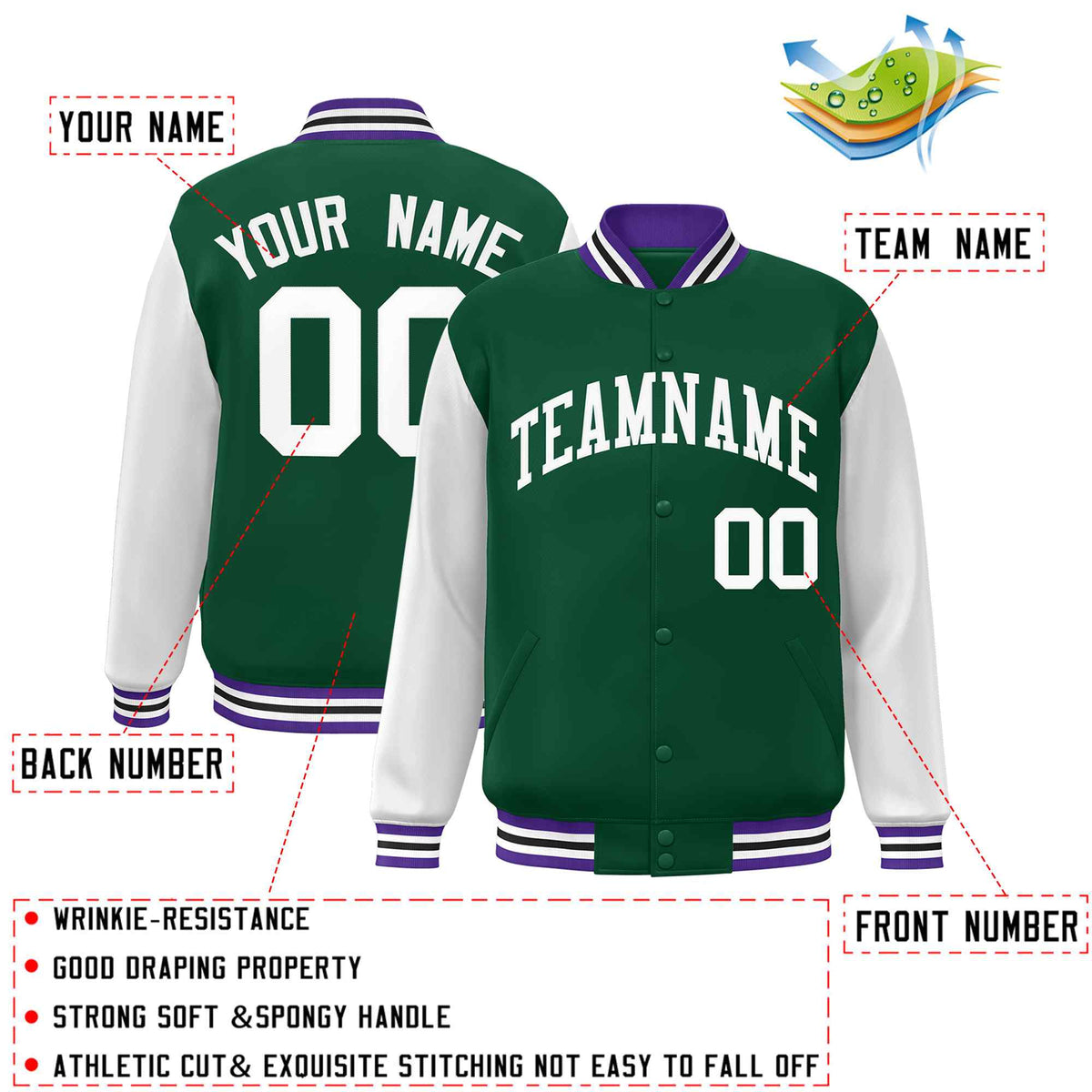 Custom Green White Raglan Sleeves Varsity Full-Snap Letterman Jacket | KXKSHOP