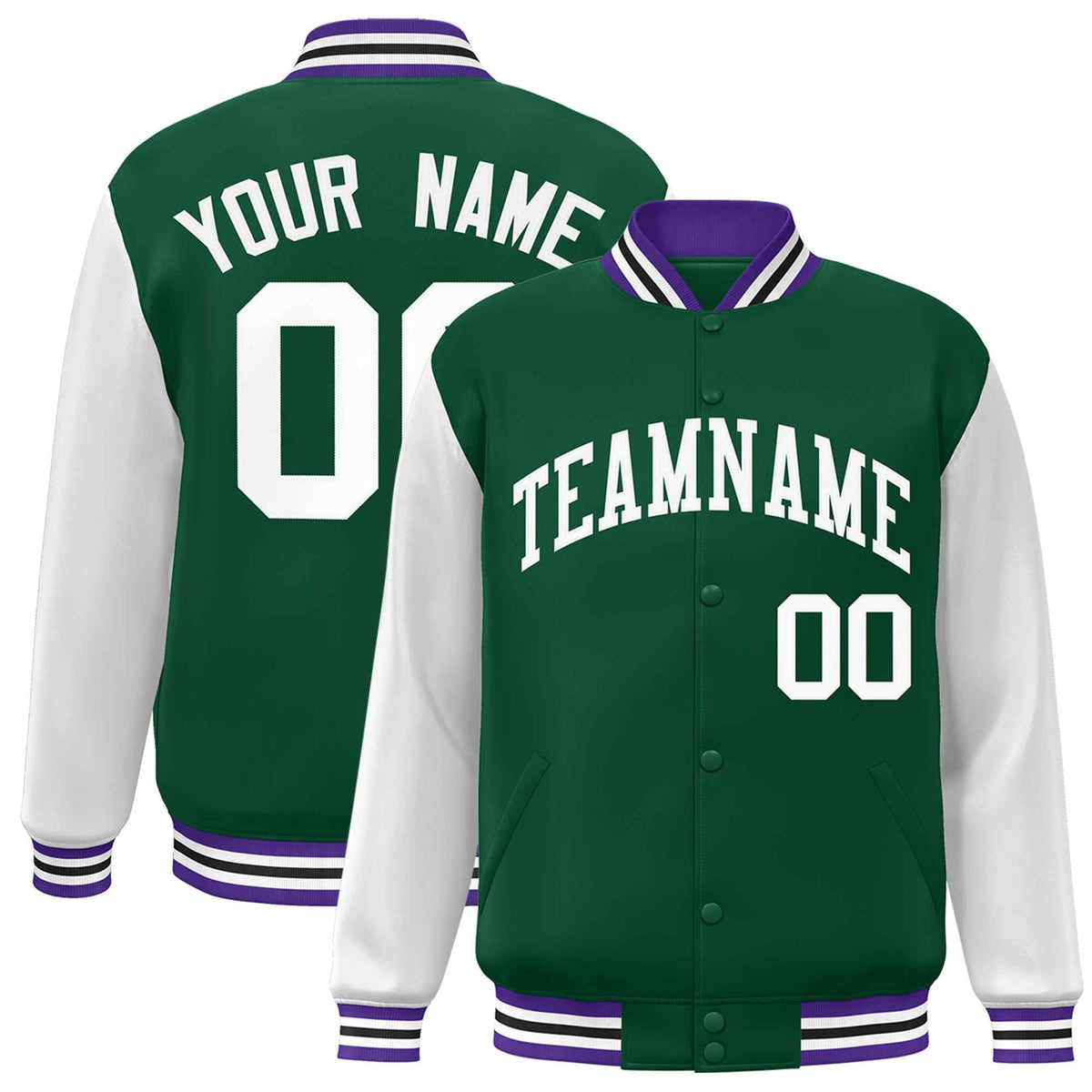 Custom Green White Raglan Sleeves Varsity Full-Snap Letterman Jacket | KXKSHOP