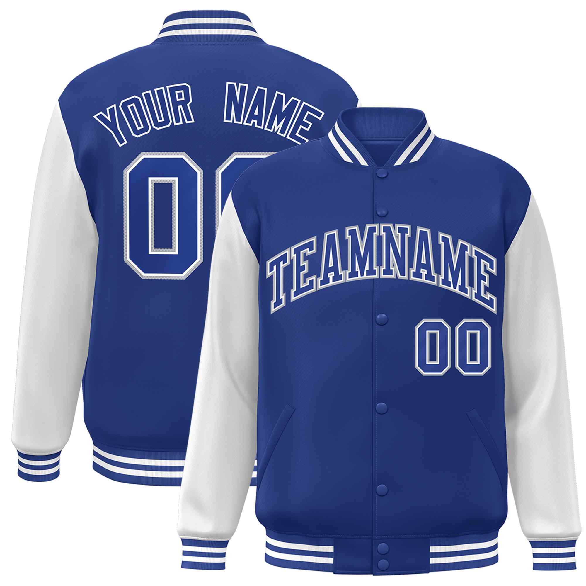 Custom Royal Royal-White Raglan Sleeves Varsity Full-Snap Letterman Jacket | KXKSHOP