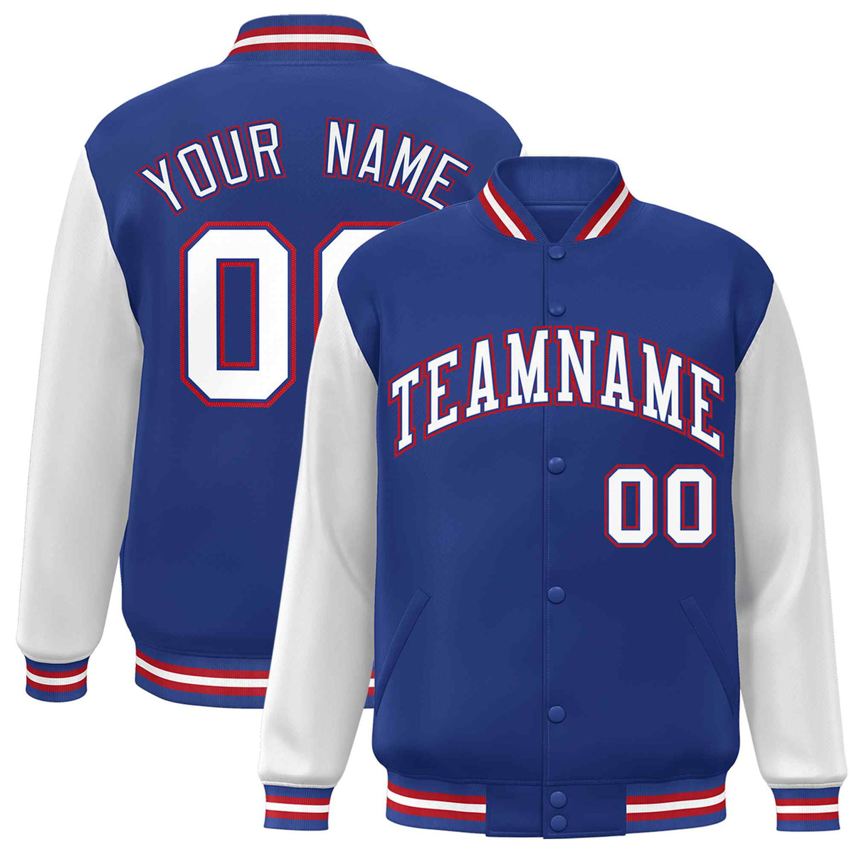 Custom Royal White-Royal Raglan Sleeves Varsity Full-Snap Letterman Jacket | KXKSHOP