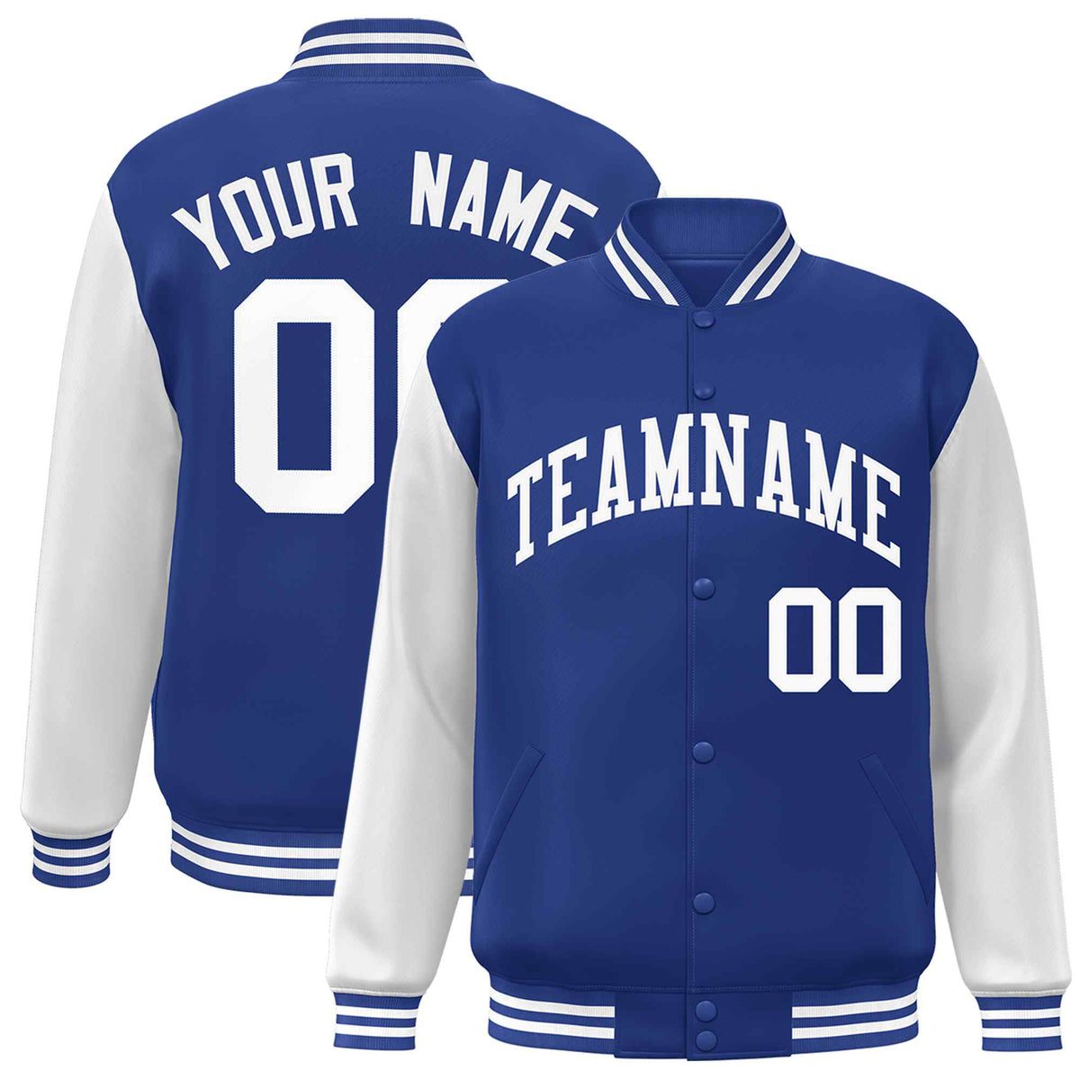 Custom Royal White Raglan Sleeves Varsity Full-Snap Letterman Jacket | KXKSHOP