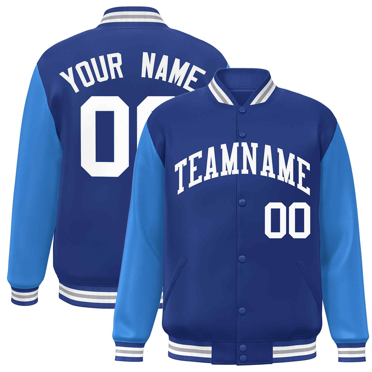 Custom Royal White Raglan Sleeves Varsity Full-Snap Letterman Jacket | KXKSHOP