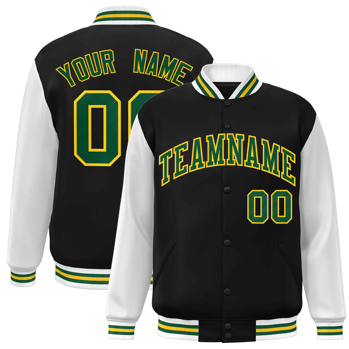 Custom Black Green-Gold Raglan Sleeves Varsity Full-Snap Letterman Jacket | KXKSHOP