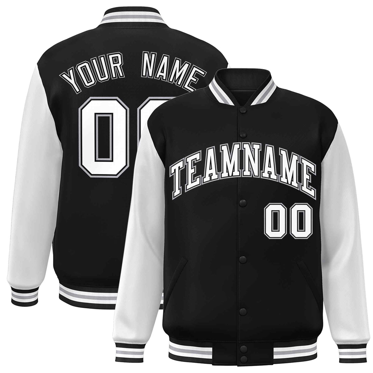 Custom Black White-Black Raglan Sleeves Varsity Full-Snap Letterman Jacket | KXKSHOP