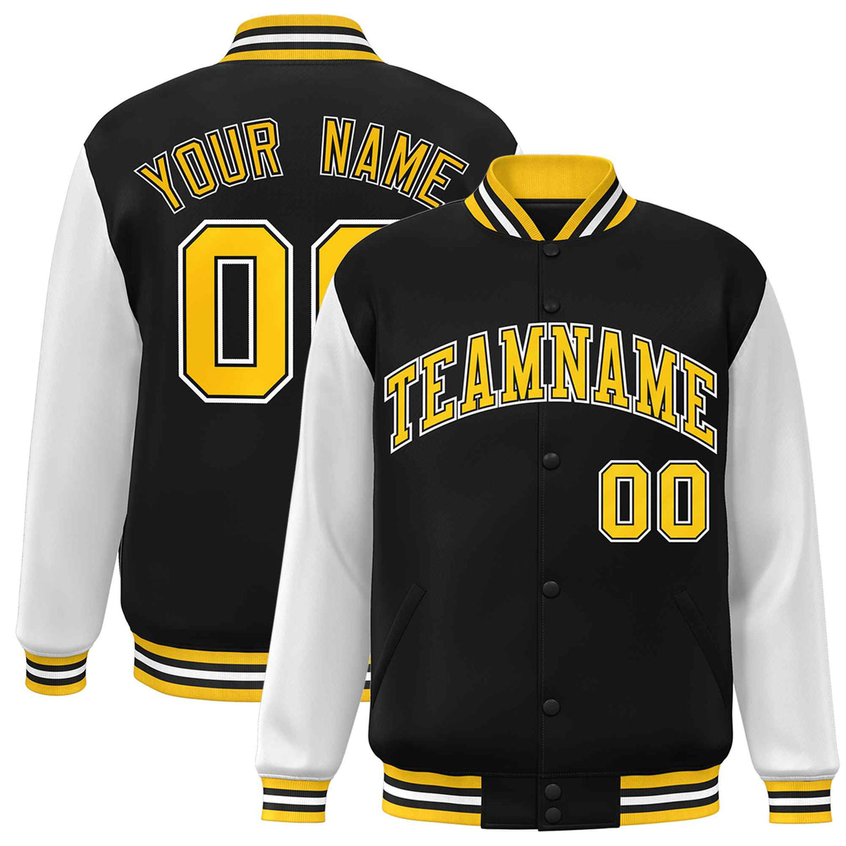 Custom Black Gold-Black Raglan Sleeves Varsity Full-Snap Letterman Jacket | KXKSHOP