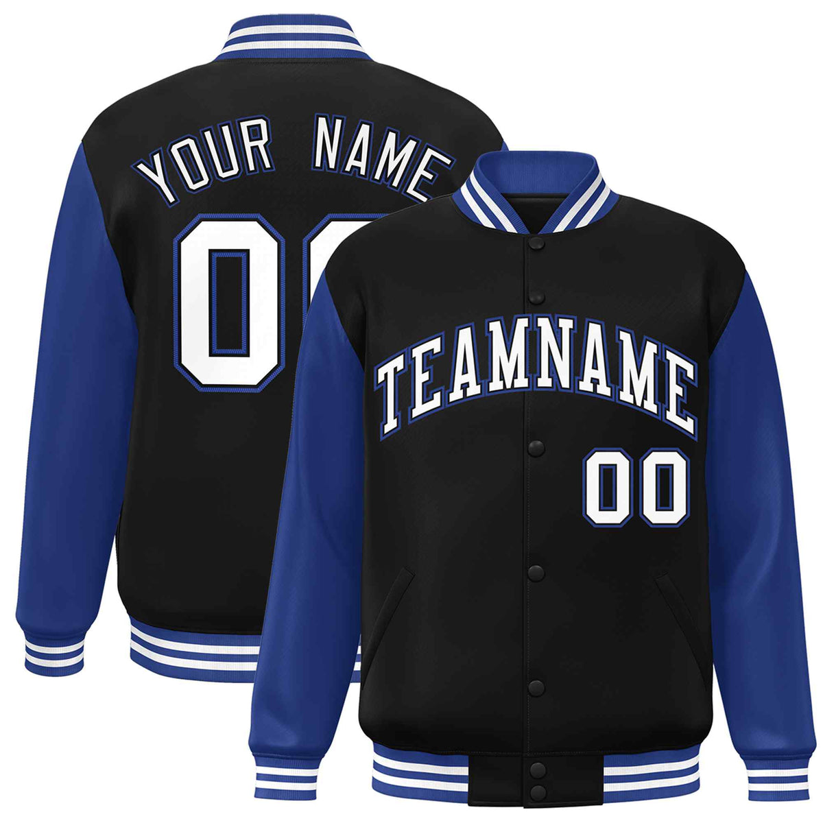 Custom Black White-Black Raglan Sleeves Varsity Full-Snap Letterman Jacket | KXKSHOP