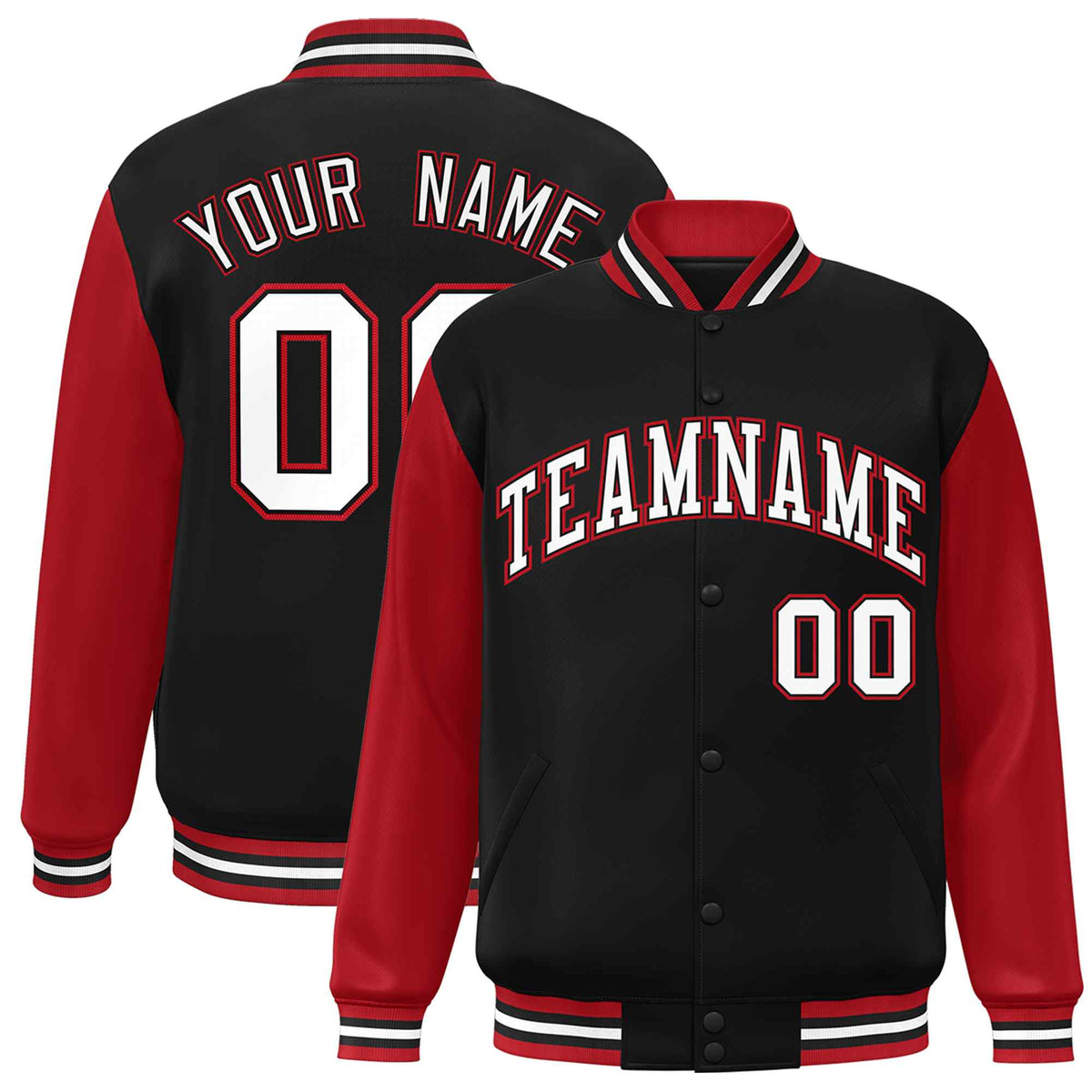 Custom Black White-Black Raglan Sleeves Varsity Full-Snap Letterman Jacket | KXKSHOP