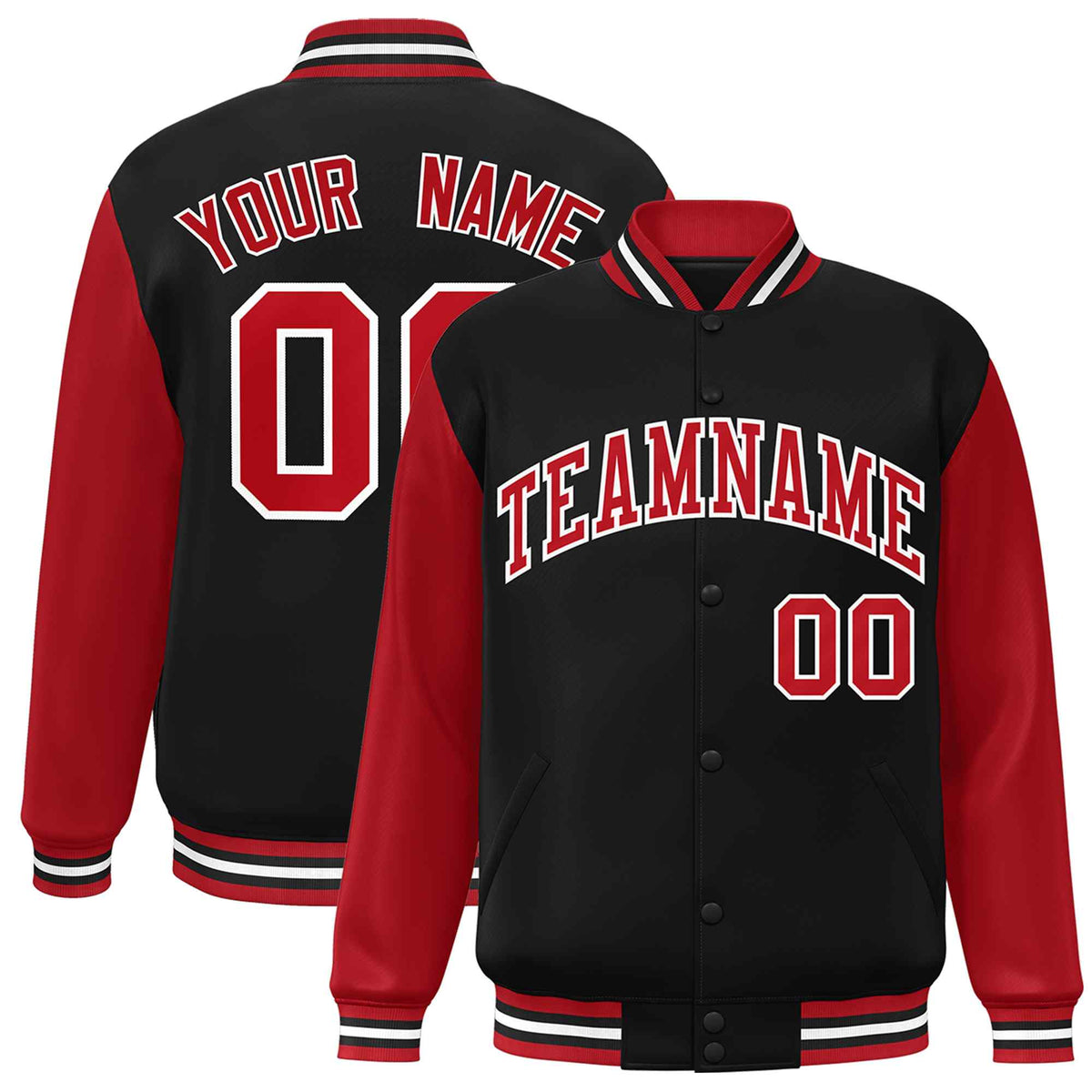 Custom Black Red-White Raglan Sleeves Varsity Full-Snap Letterman Jacket | KXKSHOP