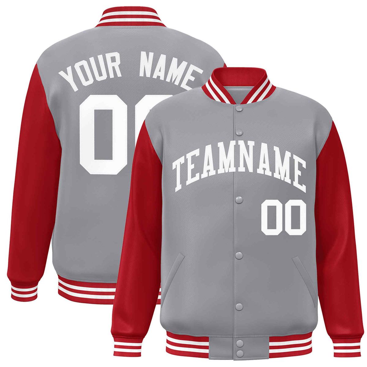 Custom Gray White Raglan Sleeves Varsity Full-Snap Letterman Jacket | KXKSHOP