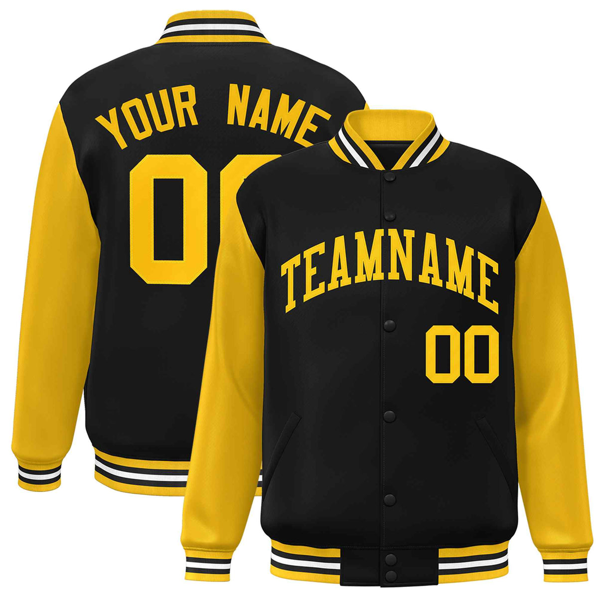 Custom Black Gold Raglan Sleeves Varsity Full-Snap Letterman Jacket | KXKSHOP