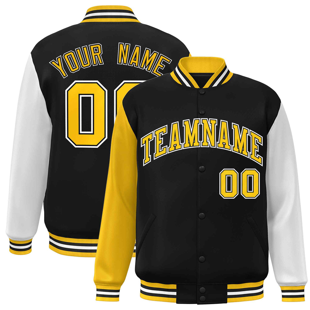 Custom Black Gold-Black Raglan Sleeves Varsity Full-Snap Letterman Jacket | KXKSHOP