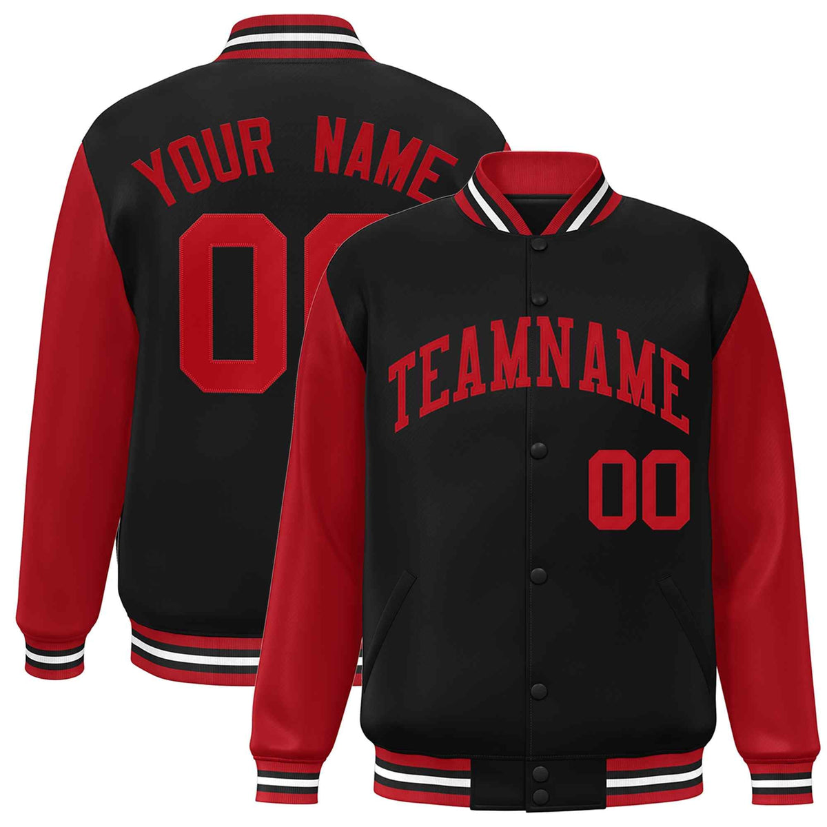 Custom Black Red Raglan Sleeves Varsity Full-Snap Letterman Jacket | KXKSHOP
