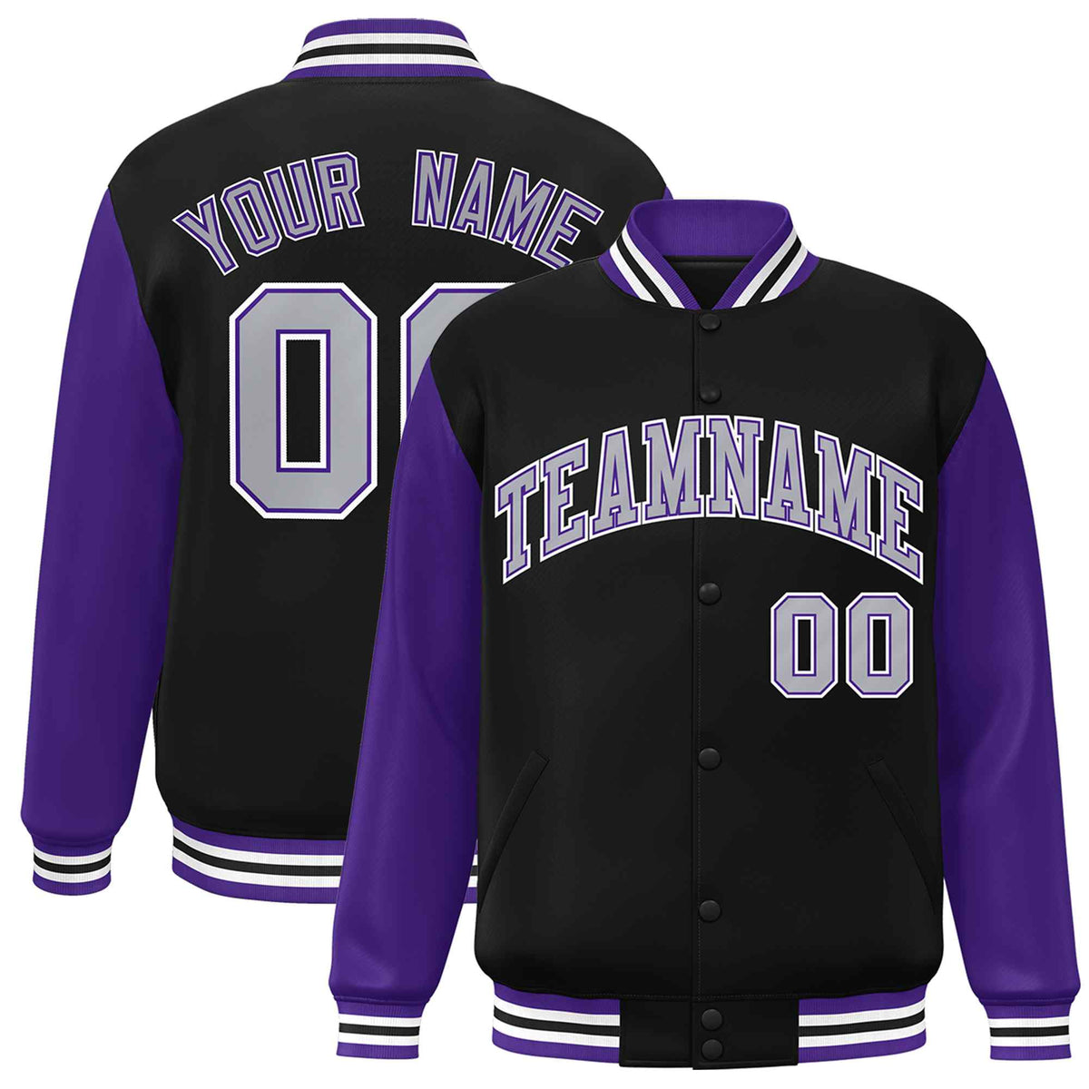 Custom Black Gray-Purple Raglan Sleeves Varsity Full-Snap Letterman Jacket | KXKSHOP