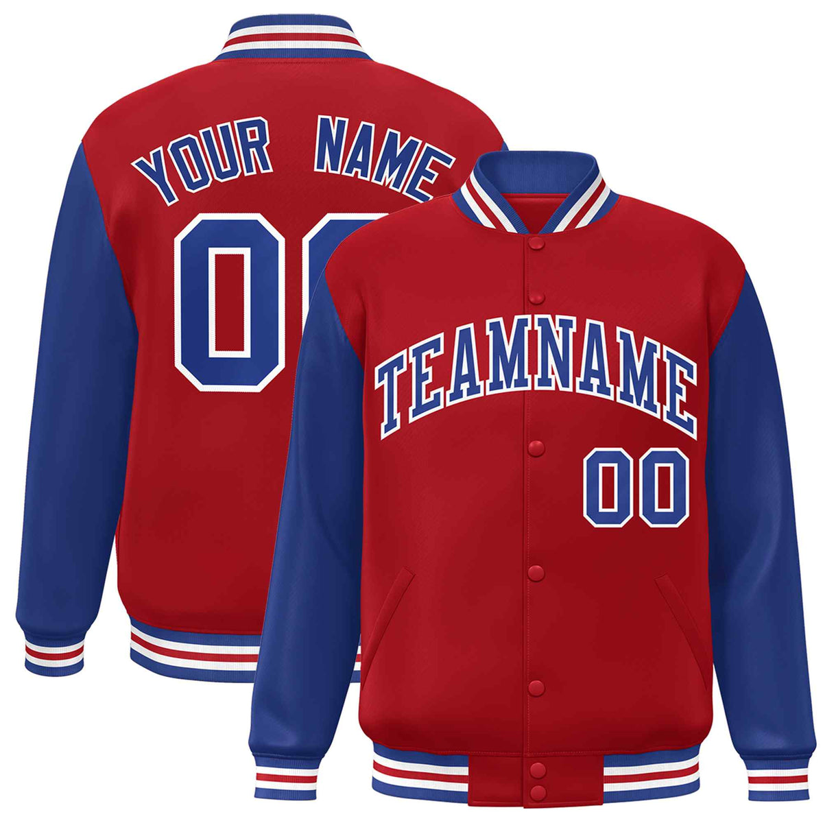 Custom Red Royal-White Raglan Sleeves Varsity Full-Snap Letterman Jacket | KXKSHOP