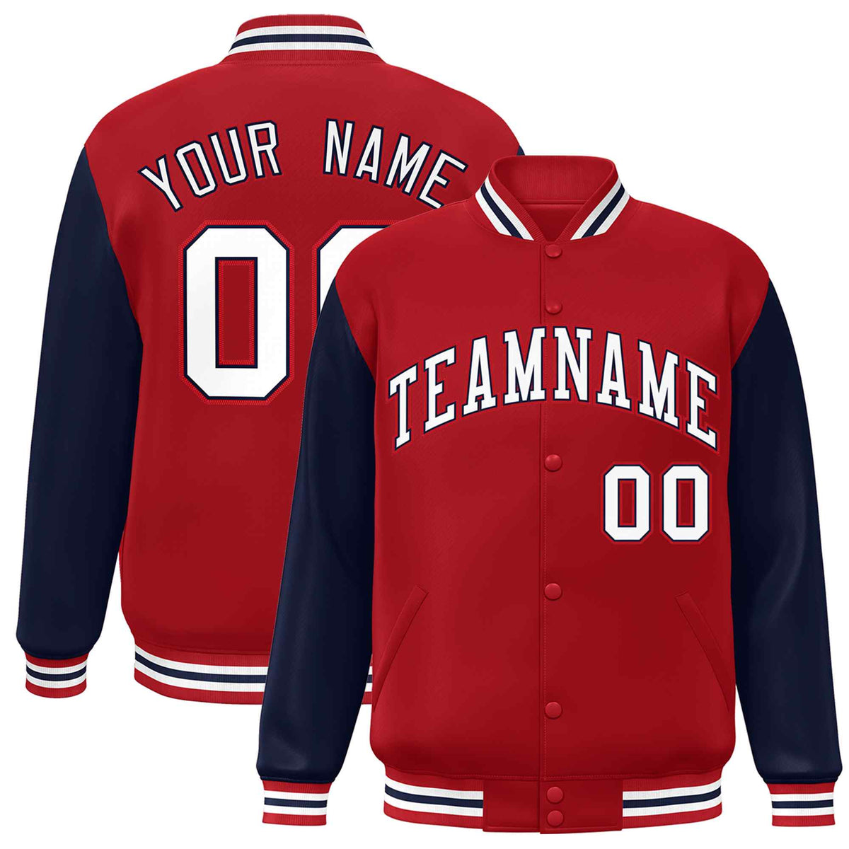 Custom Red White-Navy Raglan Sleeves Varsity Full-Snap Letterman Jacket | KXKSHOP
