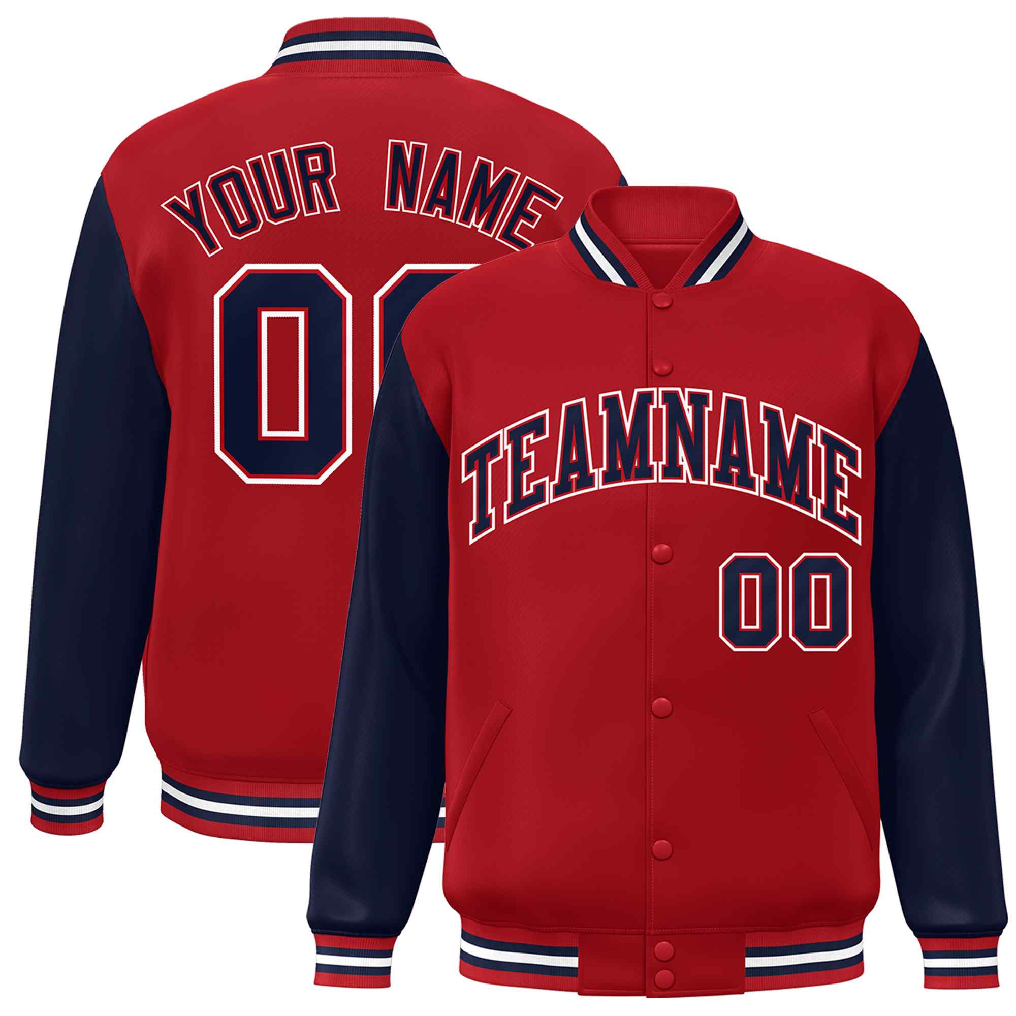 Custom Red Navy Raglan Sleeves Varsity Full-Snap Letterman Jacket | KXKSHOP