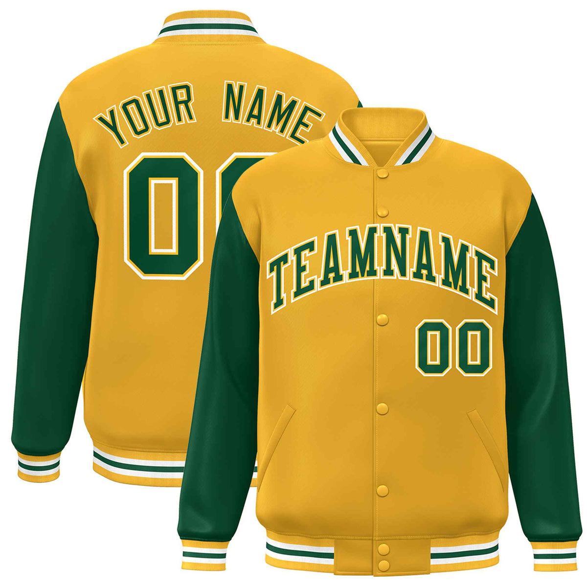 Custom Gold Green-Gold Raglan Sleeves Varsity Full-Snap Letterman Jacket | KXKSHOP