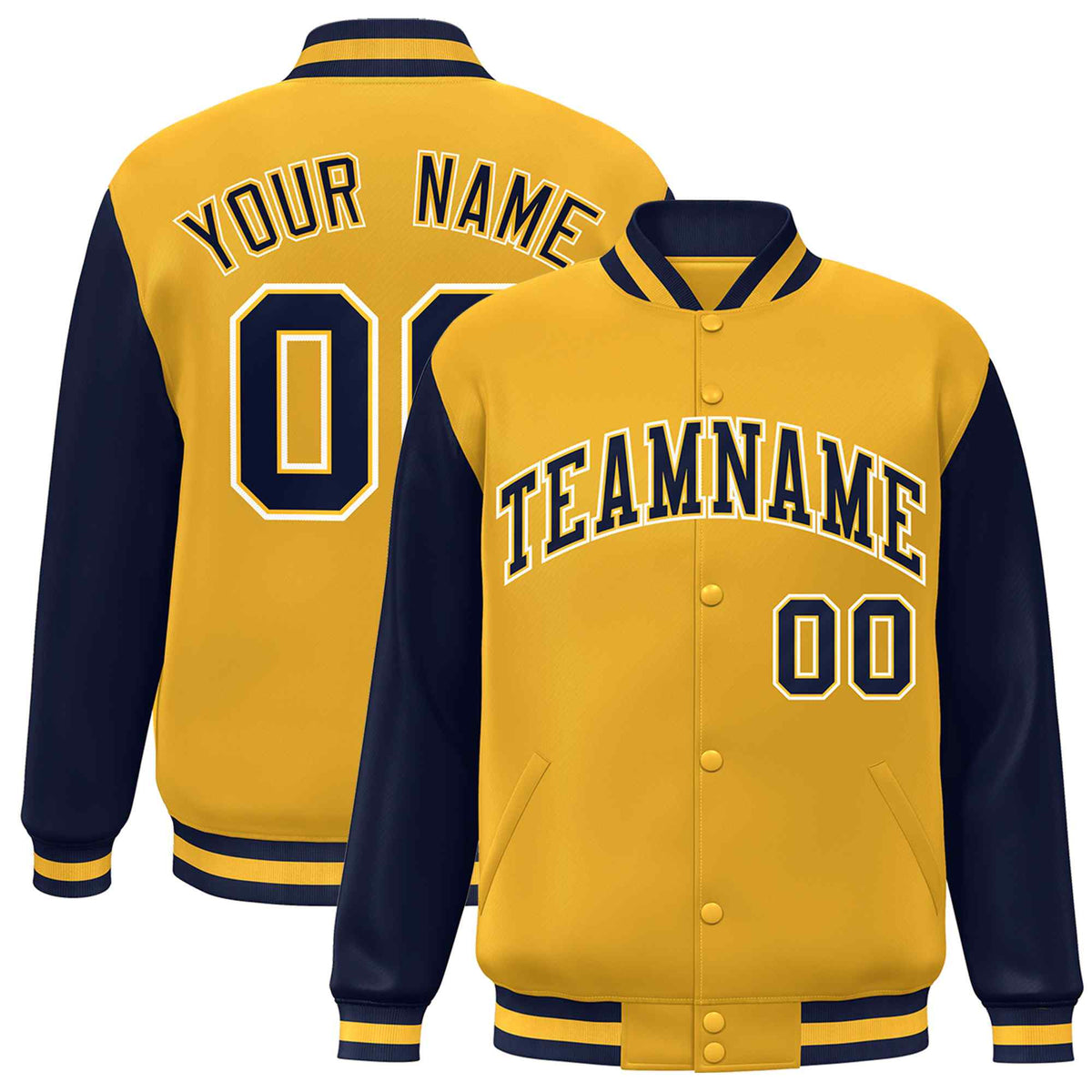 Custom Gold Navy-Gold Raglan Sleeves Varsity Full-Snap Letterman Jacket | KXKSHOP