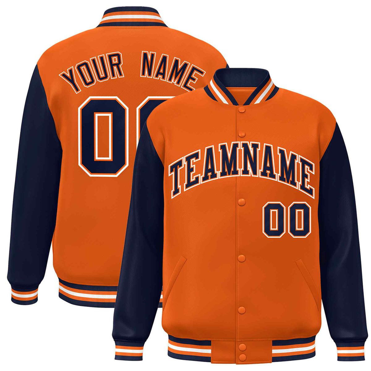 Custom Orange Navy-Orange Raglan Sleeves Varsity Full-Snap Letterman Jacket | KXKSHOP