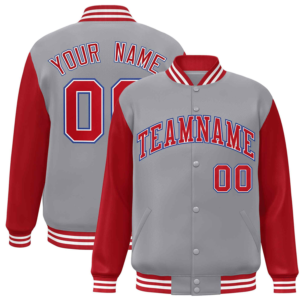 Custom Gray Red-White Raglan Sleeves Varsity Full-Snap Letterman Jacket | KXKSHOP