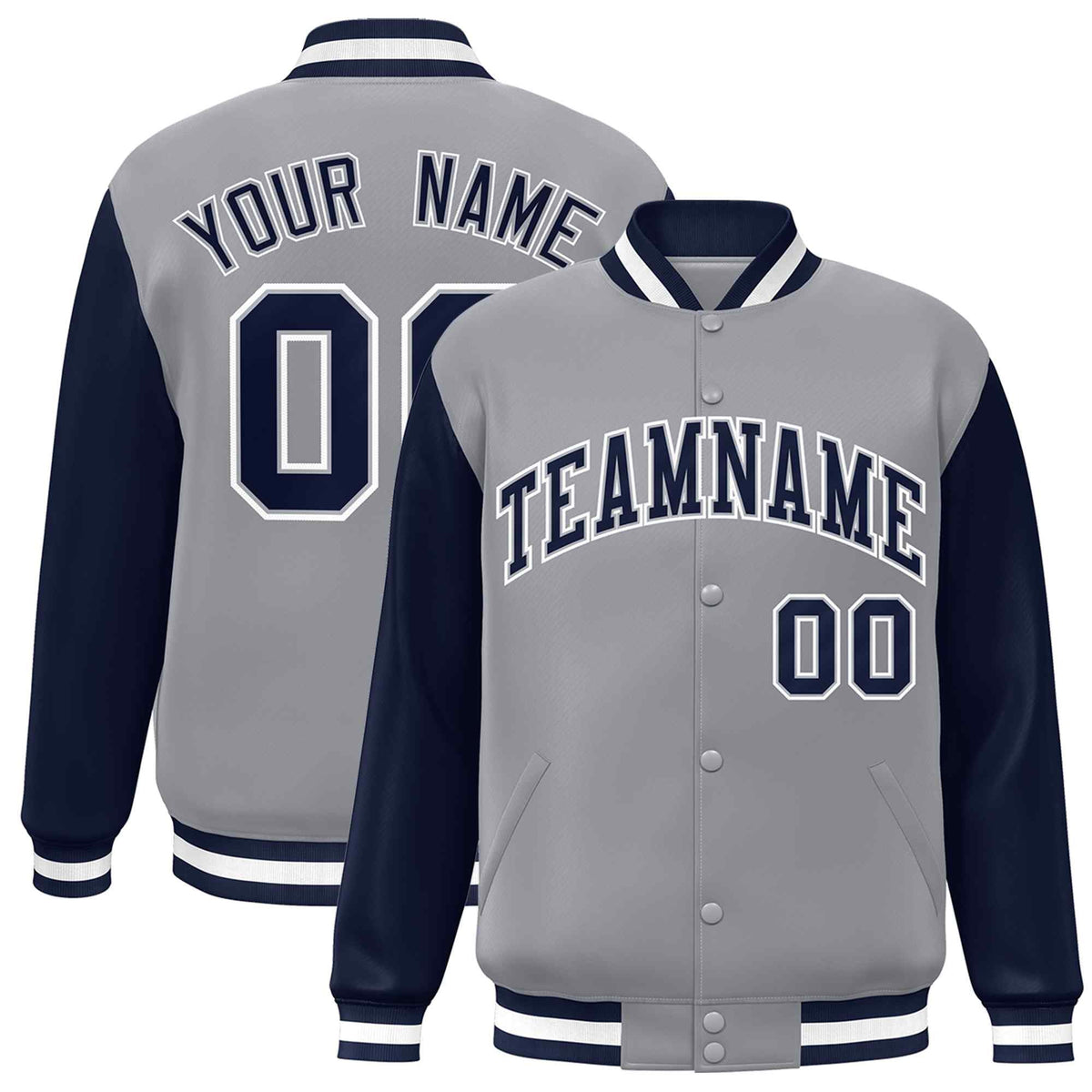 Custom Gray Navy-Gray Raglan Sleeves Varsity Full-Snap Letterman Jacket | KXKSHOP