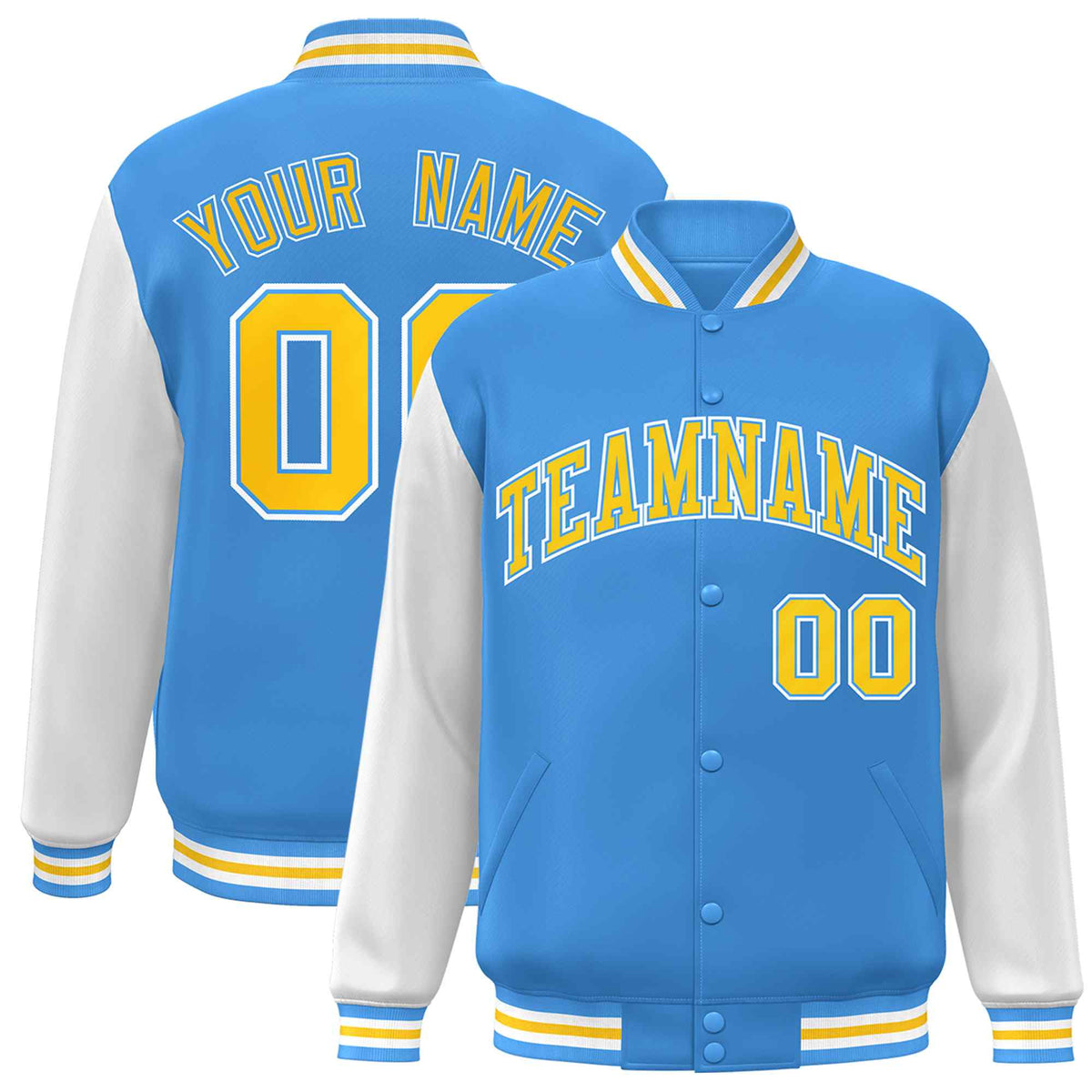 Custom Powder Blue Gold-Powder Blue Raglan Sleeves Varsity Full-Snap Letterman Jacket | KXKSHOP