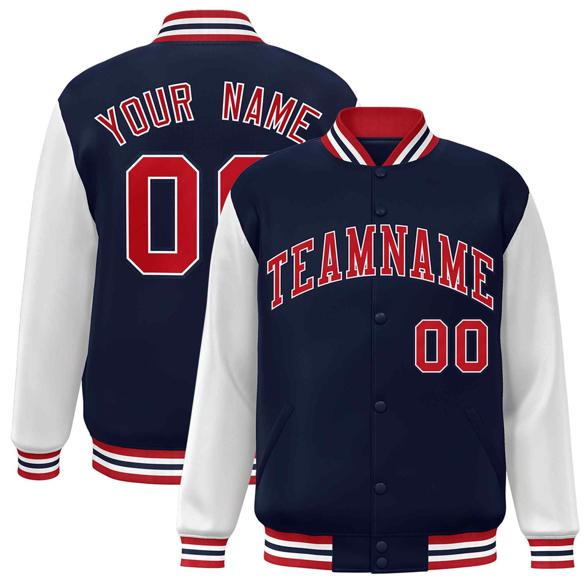 Custom Navy Red-White Raglan Sleeves Varsity Full-Snap Letterman Jacket | KXKSHOP