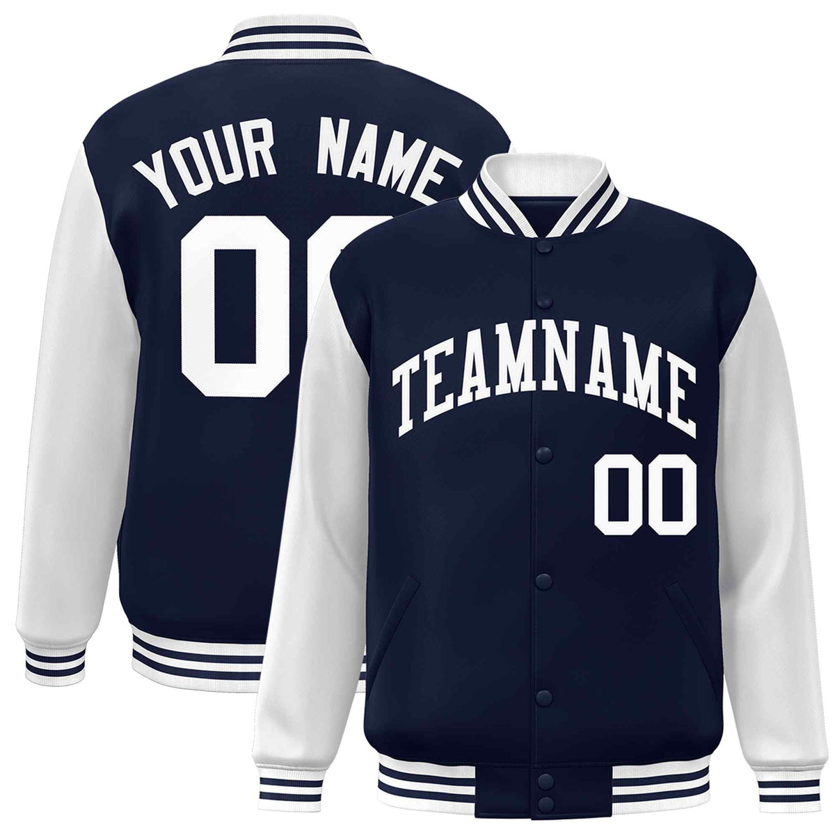 Custom Navy White Raglan Sleeves Varsity Full-Snap Letterman Jacket | KXKSHOP