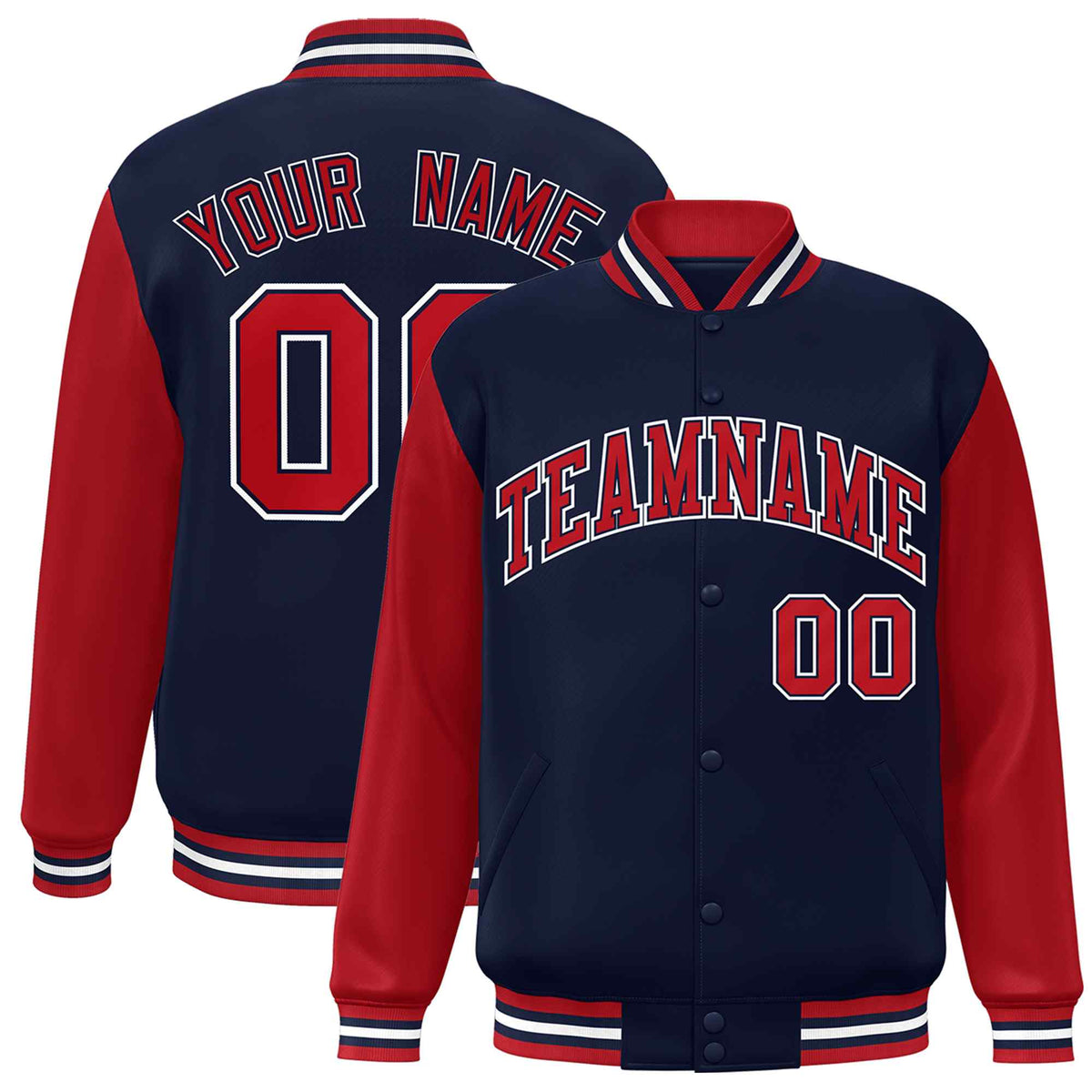 Custom Navy Red-Navy Raglan Sleeves Varsity Full-Snap Letterman Jacket | KXKSHOP