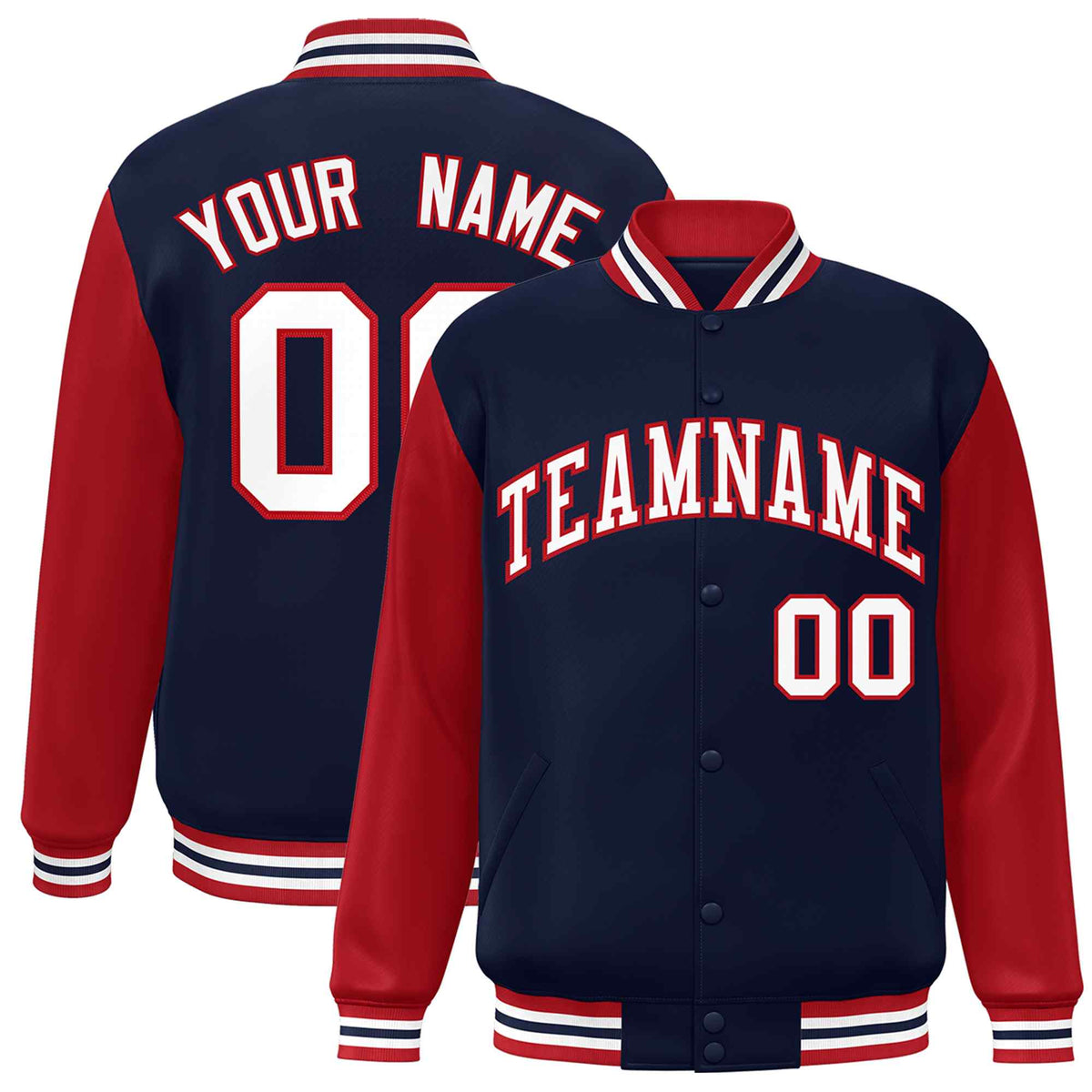 Custom Navy White-Red Raglan Sleeves Varsity Full-Snap Letterman Jacket | KXKSHOP