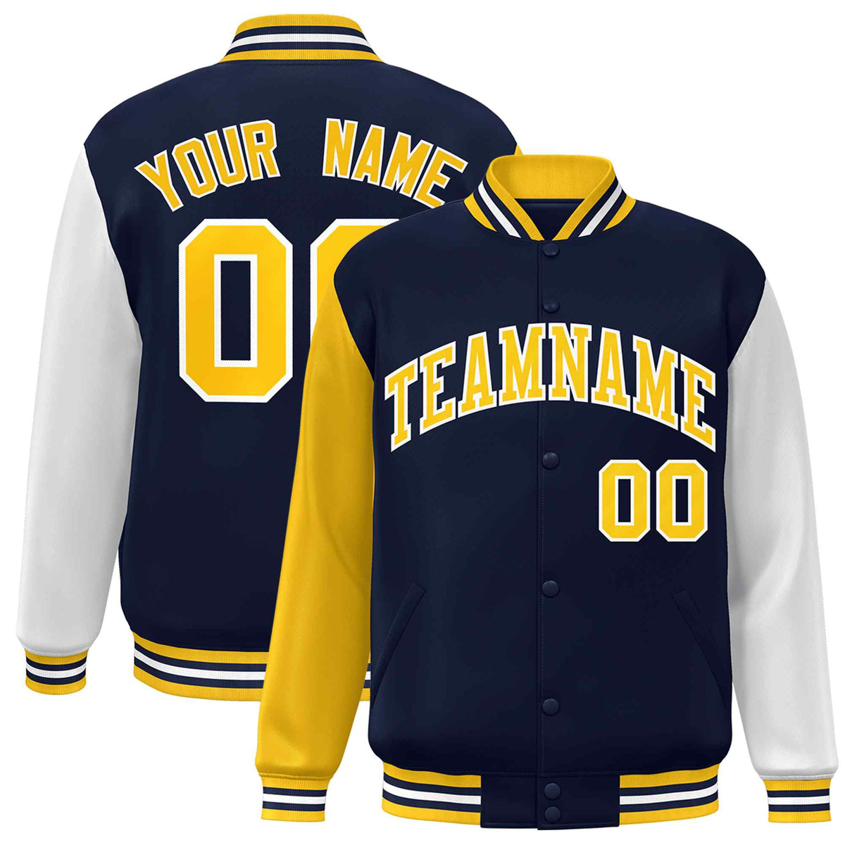 Custom Navy Gold-White Raglan Sleeves Varsity Full-Snap Letterman Jacket | KXKSHOP