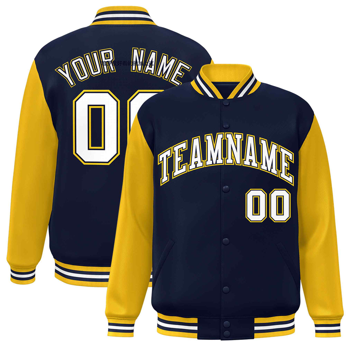 Custom Navy White-Navy Raglan Sleeves Varsity Full-Snap Letterman Jacket | KXKSHOP