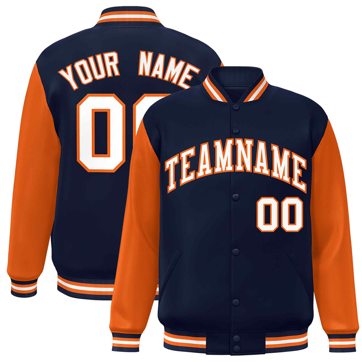 Custom Navy White-Orange Raglan Sleeves Varsity Full-Snap Letterman Jacket | KXKSHOP