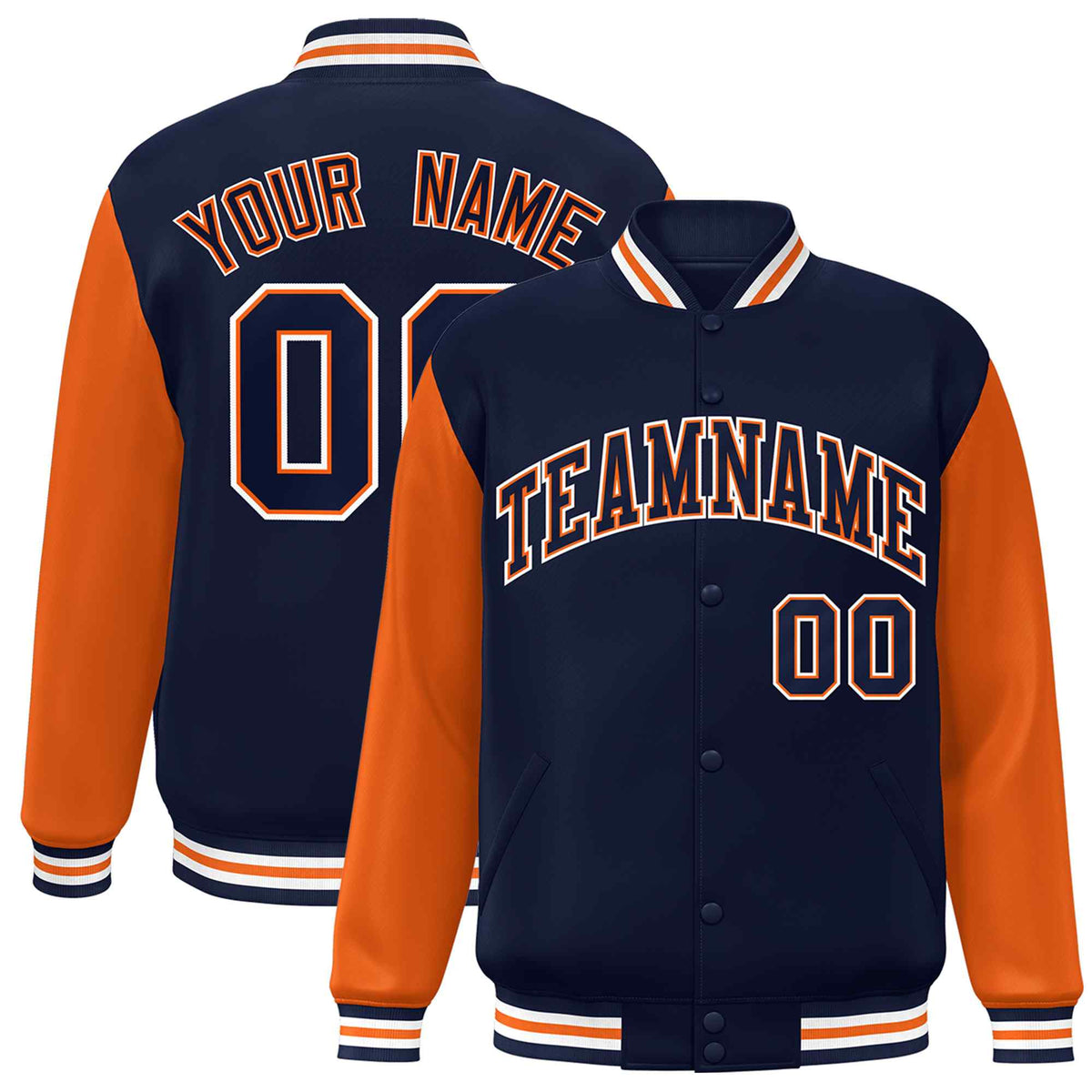 Custom Navy Navy-Orange Raglan Sleeves Varsity Full-Snap Letterman Jacket | KXKSHOP