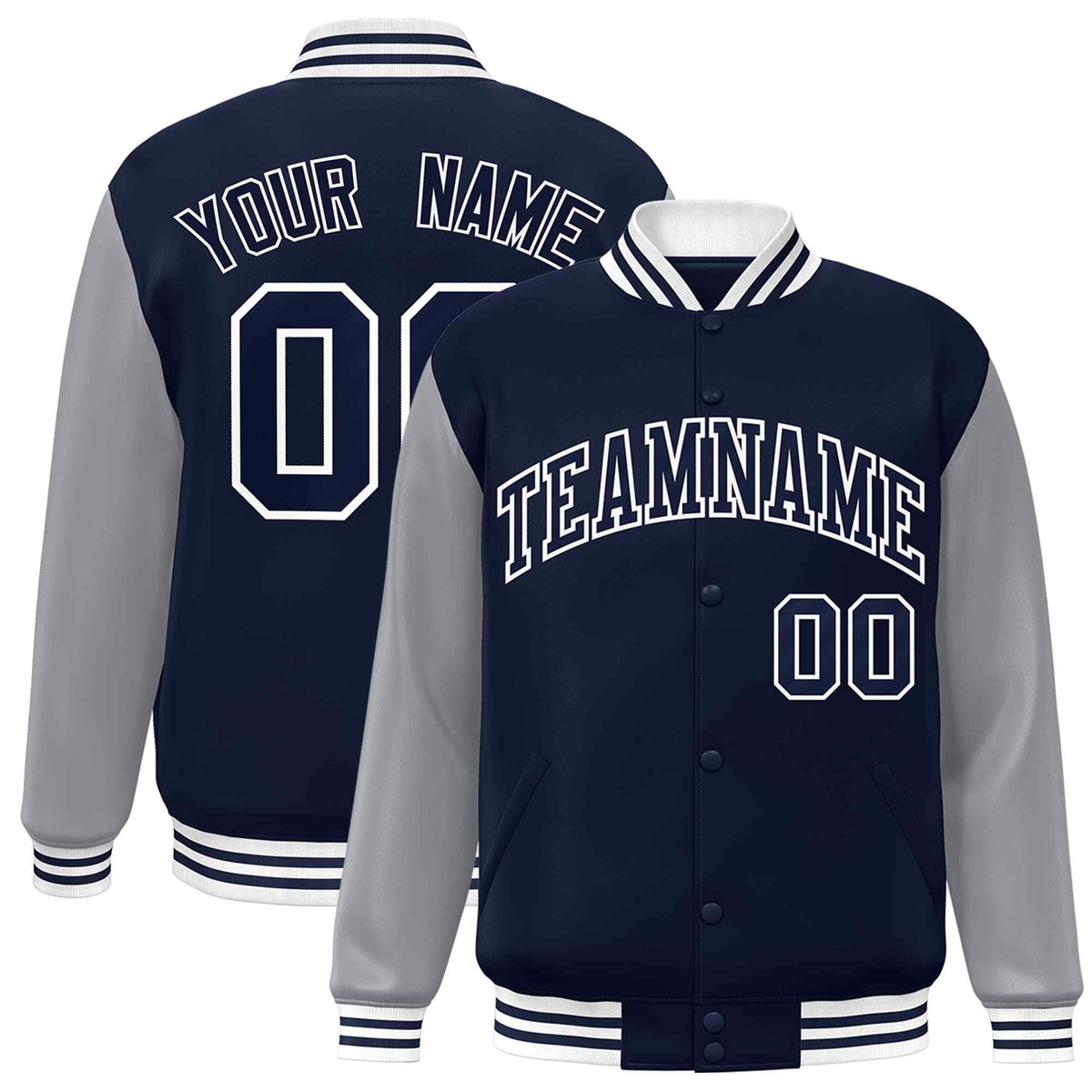 Custom Navy Navy-White Raglan Sleeves Varsity Full-Snap Letterman Jacket | KXKSHOP