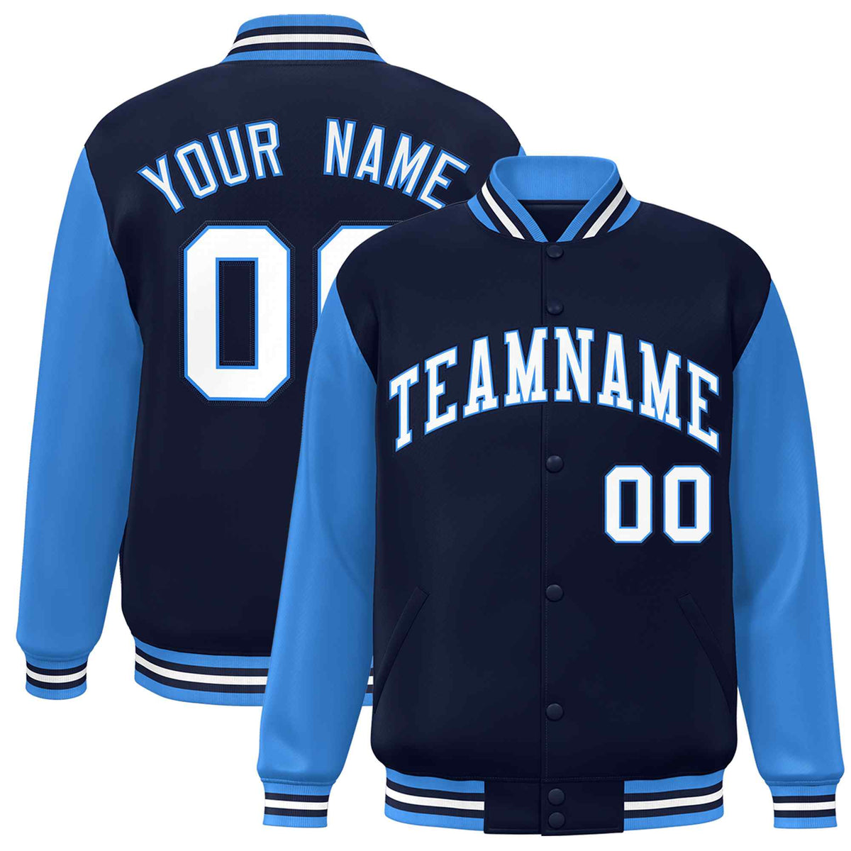 Custom Navy White-Powder Blue Raglan Sleeves Varsity Full-Snap Letterman Jacket | KXKSHOP