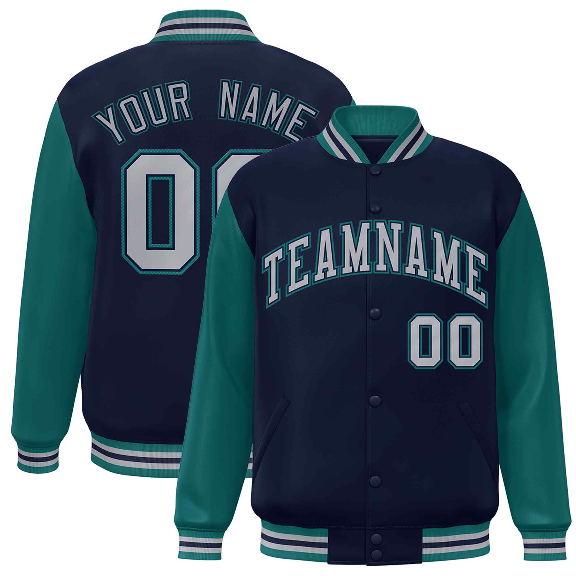 Custom Navy Gray-Navy Raglan Sleeves Varsity Full-Snap Letterman Jacket | KXKSHOP
