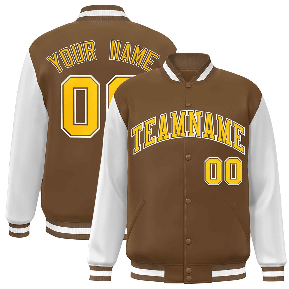 Custom Light Brown Gold-White Raglan Sleeves Varsity Full-Snap Letterman Jacket | KXKSHOP